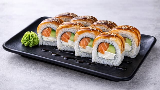 Flamed salmon roll